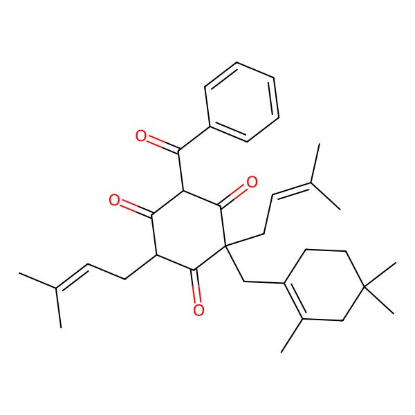 2D Structure of 4-Benzoyl-2,6-bis(3-methylbut-2-enyl)-2-[(2,4,4-trimethylcyclohexen-1-yl)methyl]cyclohexane-1,3,5-trione