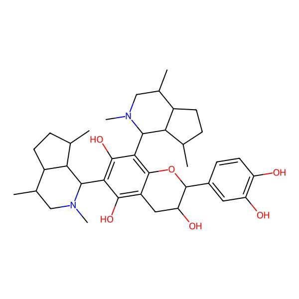 2D Structure of (2R,3S)-6,8-bis[(1R,4R,4aR,7S,7aR)-2,4,7-trimethyl-1,3,4,4a,5,6,7,7a-octahydrocyclopenta[c]pyridin-1-yl]-2-(3,4-dihydroxyphenyl)-3,4-dihydro-2H-chromene-3,5,7-triol
