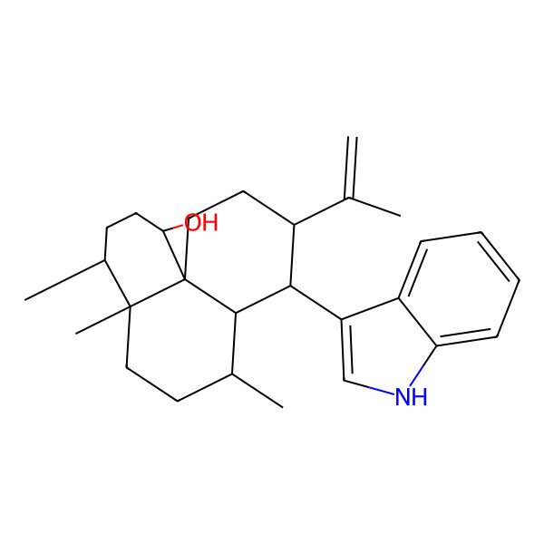 2D Structure of (1R,4S,4aR,7S,7aR,8R,9S,11aR)-8-(1H-indol-3-yl)-4,4a,7-trimethyl-9-prop-1-en-2-yl-1,2,3,4,5,6,7,7a,8,9,10,11-dodecahydrobenzo[i]naphthalen-1-ol