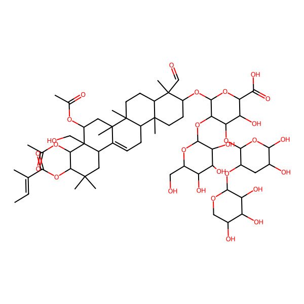 2D Structure of 6-[[8,9-Diacetyloxy-4-formyl-8a-(hydroxymethyl)-4,6a,6b,11,11,14b-hexamethyl-10-(2-methylbut-2-enoyloxy)-1,2,3,4a,5,6,7,8,9,10,12,12a,14,14a-tetradecahydropicen-3-yl]oxy]-4-[5,6-dihydroxy-3-(3,4,5-trihydroxyoxan-2-yl)oxyoxan-2-yl]oxy-3-hydroxy-5-[3,4,5-trihydroxy-6-(hydroxymethyl)oxan-2-yl]oxyoxane-2-carboxylic acid
