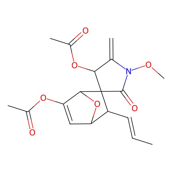 2D Structure of (2-Acetyloxy-1'-methoxy-2'-methylidene-5'-oxo-5-prop-1-enylspiro[7-oxabicyclo[2.2.1]hept-2-ene-6,4'-pyrrolidine]-3'-yl) acetate