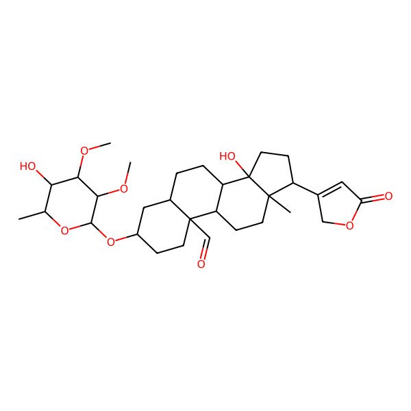 2D Structure of 14-hydroxy-3-(5-hydroxy-3,4-dimethoxy-6-methyloxan-2-yl)oxy-13-methyl-17-(5-oxo-2H-furan-3-yl)-1,2,3,4,5,6,7,8,9,11,12,15,16,17-tetradecahydrocyclopenta[a]phenanthrene-10-carbaldehyde