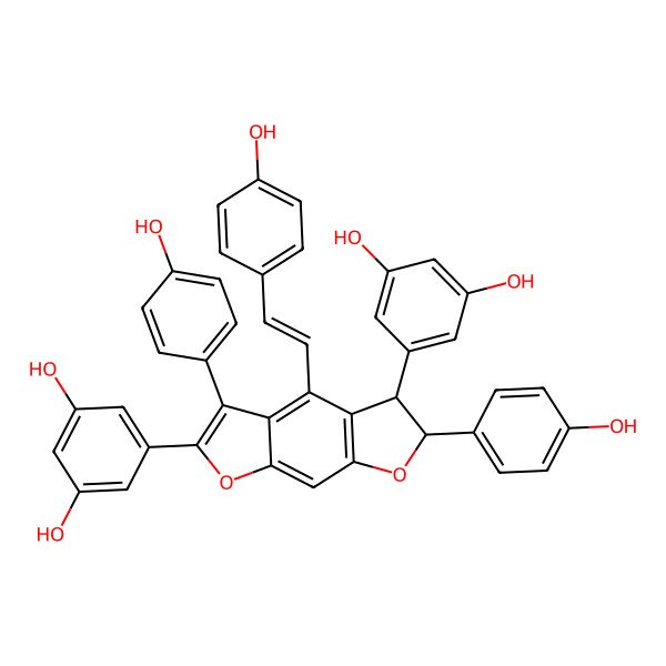 2D Structure of 5-[(6S)-2-(3,5-dihydroxyphenyl)-3,6-bis(4-hydroxyphenyl)-4-[(E)-2-(4-hydroxyphenyl)ethenyl]-5,6-dihydrofuro[3,2-f][1]benzofuran-5-yl]benzene-1,3-diol
