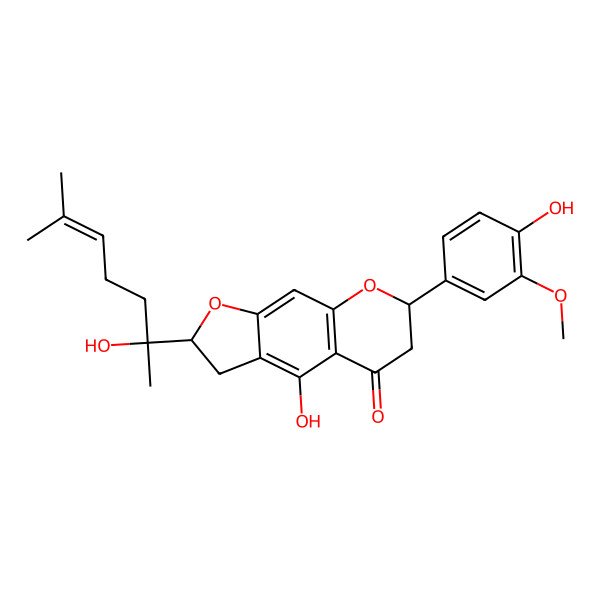2D Structure of (7S)-4-hydroxy-7-(4-hydroxy-3-methoxyphenyl)-2-(2-hydroxy-6-methylhept-5-en-2-yl)-2,3,6,7-tetrahydrofuro[3,2-g]chromen-5-one