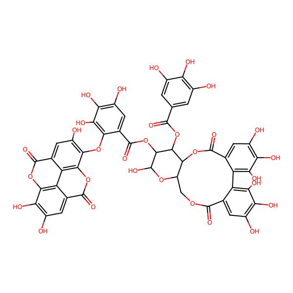 2D Structure of [3,4,5,13,21,22,23-Heptahydroxy-8,18-dioxo-11-(3,4,5-trihydroxybenzoyl)oxy-9,14,17-trioxatetracyclo[17.4.0.02,7.010,15]tricosa-1(23),2,4,6,19,21-hexaen-12-yl] 3,4,5-trihydroxy-2-[(6,13,14-trihydroxy-3,10-dioxo-2,9-dioxatetracyclo[6.6.2.04,16.011,15]hexadeca-1(15),4,6,8(16),11,13-hexaen-7-yl)oxy]benzoate