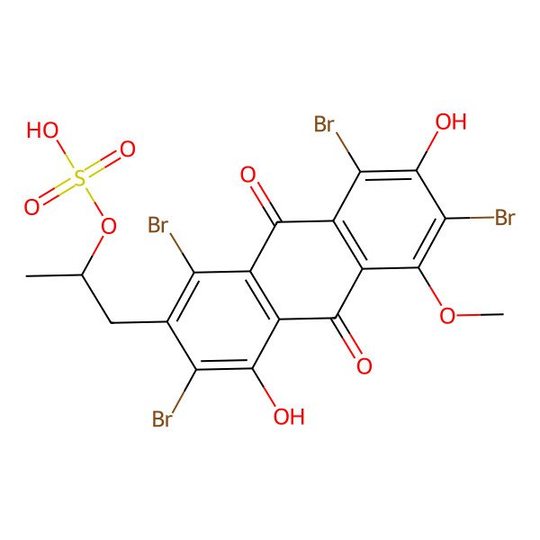 2D Structure of 1-(1,3,6,8-Tetrabromo-4,7-dihydroxy-5-methoxy-9,10-dioxoanthracen-2-yl)propan-2-yl hydrogen sulfate
