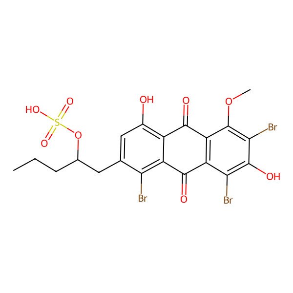 2D Structure of 1-(1,6,8-Tribromo-4,7-dihydroxy-5-methoxy-9,10-dioxoanthracen-2-yl)pentan-2-yl hydrogen sulfate