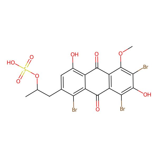 2D Structure of 1-(1,6,8-Tribromo-4,7-dihydroxy-5-methoxy-9,10-dioxoanthracen-2-yl)propan-2-yl hydrogen sulfate