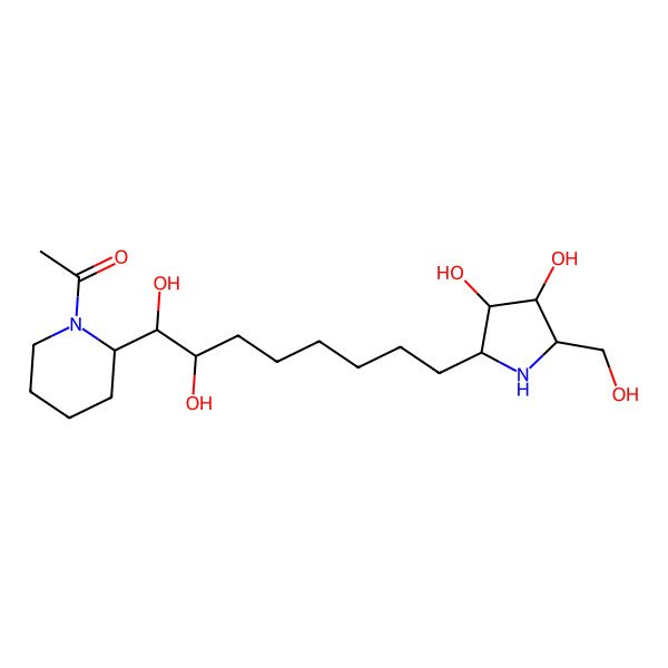 2D Structure of 1-[2-[8-[3,4-Dihydroxy-5-(hydroxymethyl)pyrrolidin-2-yl]-1,2-dihydroxyoctyl]piperidin-1-yl]ethanone