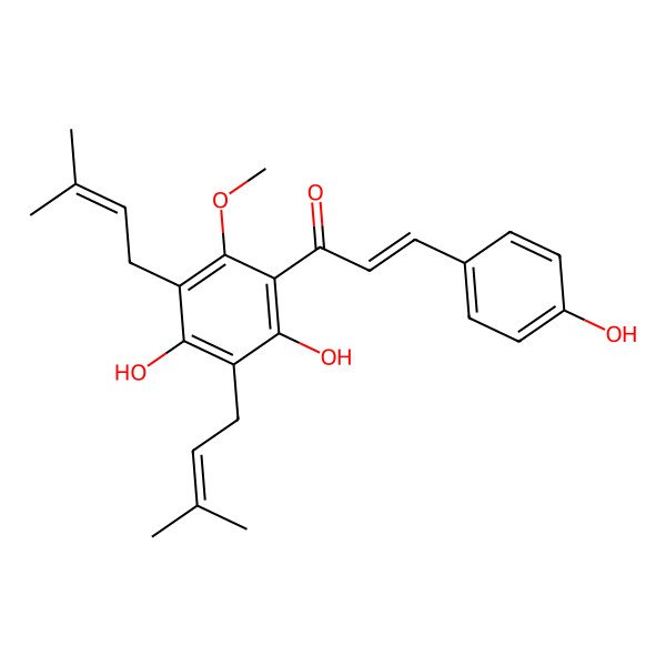 2D Structure of 1-[2,4-Dihydroxy-6-methoxy-3,5-bis(3-methylbut-2-enyl)phenyl]-3-(4-hydroxyphenyl)prop-2-en-1-one