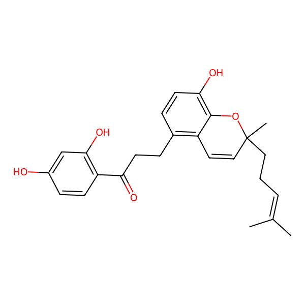 2D Structure of 1-(2,4-dihydroxyphenyl)-3-[(2R)-8-hydroxy-2-methyl-2-(4-methylpent-3-enyl)chromen-5-yl]propan-1-one