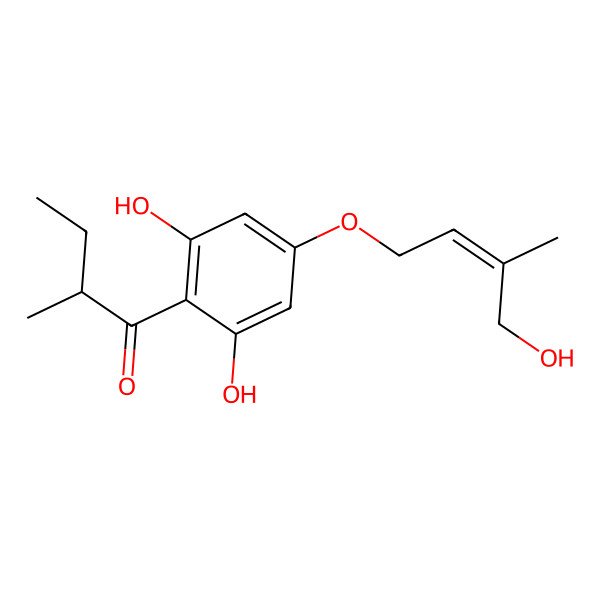 2D Structure of 1-[2,6-Dihydroxy-4-(4-hydroxy-3-methylbut-2-enoxy)phenyl]-2-methylbutan-1-one
