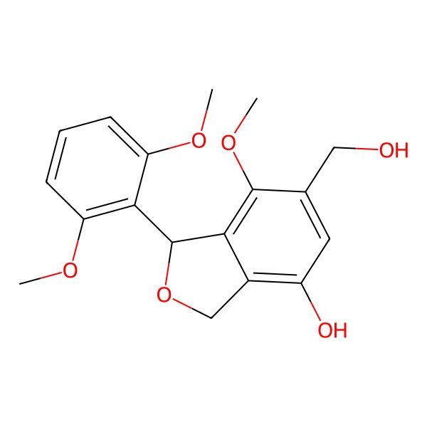 2D Structure of 1-(2,6-Dimethoxyphenyl)-6-(hydroxymethyl)-7-methoxy-1,3-dihydro-2-benzofuran-4-ol