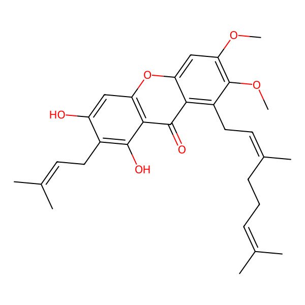 2D Structure of 1-[(2E)-3,7-dimethylocta-2,6-dienyl]-6,8-dihydroxy-2,3-dimethoxy-7-(3-methylbut-2-enyl)xanthen-9-one