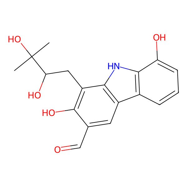 2D Structure of 1-[(2R)-2,3-dihydroxy-3-methylbutyl]-2,8-dihydroxy-9H-carbazole-3-carbaldehyde
