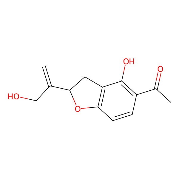 2D Structure of 1-[(2R)-4-hydroxy-2-(3-hydroxyprop-1-en-2-yl)-2,3-dihydro-1-benzofuran-5-yl]ethanone