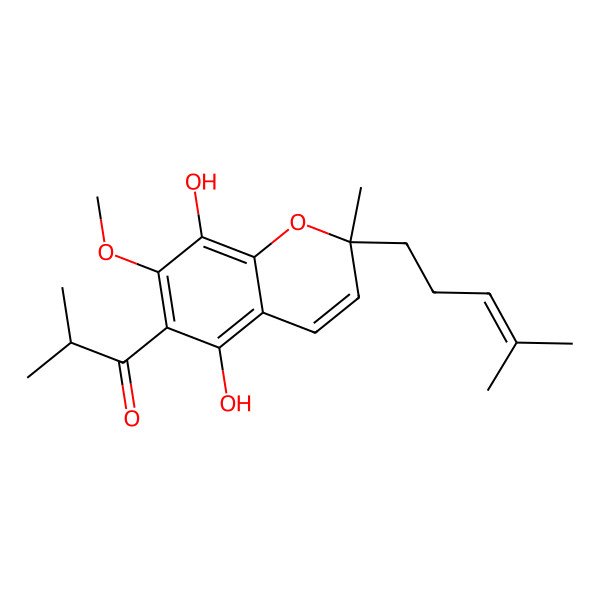 2D Structure of 1-[(2R)-5,8-dihydroxy-7-methoxy-2-methyl-2-(4-methylpent-3-enyl)chromen-6-yl]-2-methylpropan-1-one
