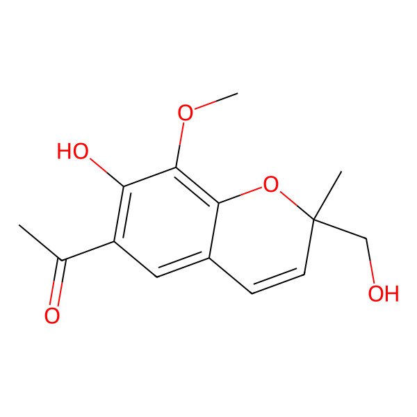 2D Structure of 1-[(2R)-7-hydroxy-2-(hydroxymethyl)-8-methoxy-2-methylchromen-6-yl]ethanone