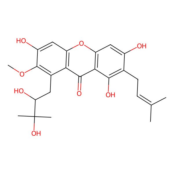 2D Structure of 1-[(2S)-2,3-dihydroxy-3-methylbutyl]-3,6,8-trihydroxy-2-methoxy-7-(3-methylbut-2-enyl)xanthen-9-one