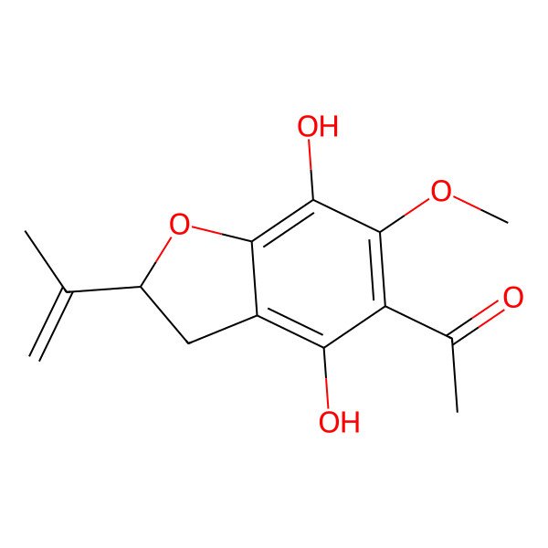 2D Structure of 1-[(2S)-4,7-dihydroxy-6-methoxy-2-prop-1-en-2-yl-2,3-dihydro-1-benzofuran-5-yl]ethanone