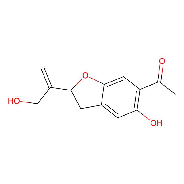 2D Structure of 1-[(2S)-5-hydroxy-2-(3-hydroxyprop-1-en-2-yl)-2,3-dihydro-1-benzofuran-6-yl]ethanone