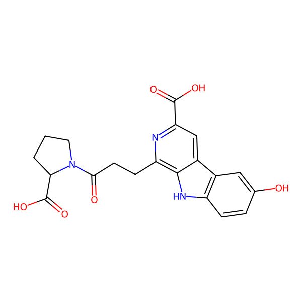2D Structure of 1-[3-(2-carboxypyrrolidin-1-yl)-3-oxopropyl]-6-hydroxy-9H-pyrido[3,4-b]indole-3-carboxylic acid