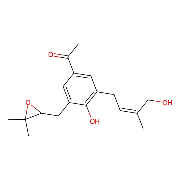 2D Structure of 1-[3-[(3,3-Dimethyloxiran-2-yl)methyl]-4-hydroxy-5-(4-hydroxy-3-methylbut-2-enyl)phenyl]ethanone