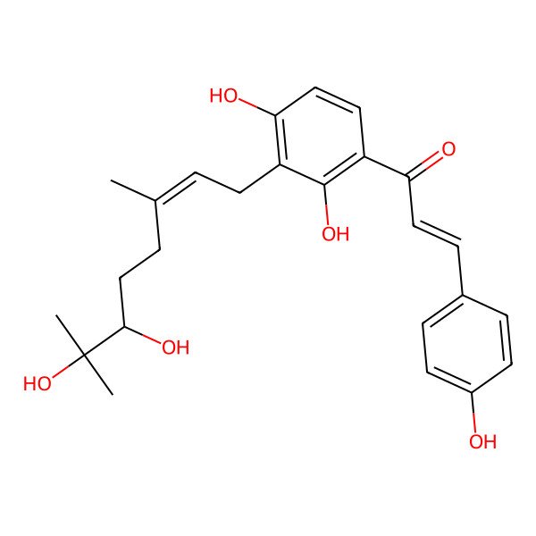 2D Structure of 1-[3-(6,7-Dihydroxy-3,7-dimethyloct-2-enyl)-2,4-dihydroxyphenyl]-3-(4-hydroxyphenyl)prop-2-en-1-one
