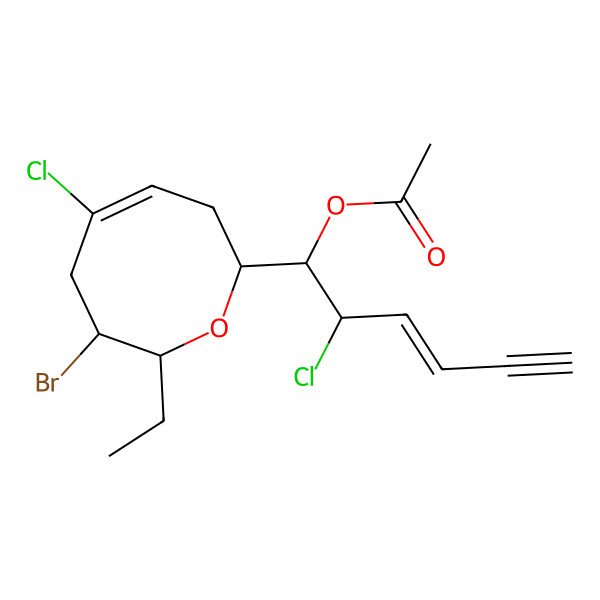 2D Structure of [1-(3-bromo-5-chloro-2-ethyl-3,4,7,8-tetrahydro-2H-oxocin-8-yl)-2-chlorohex-3-en-5-ynyl] acetate