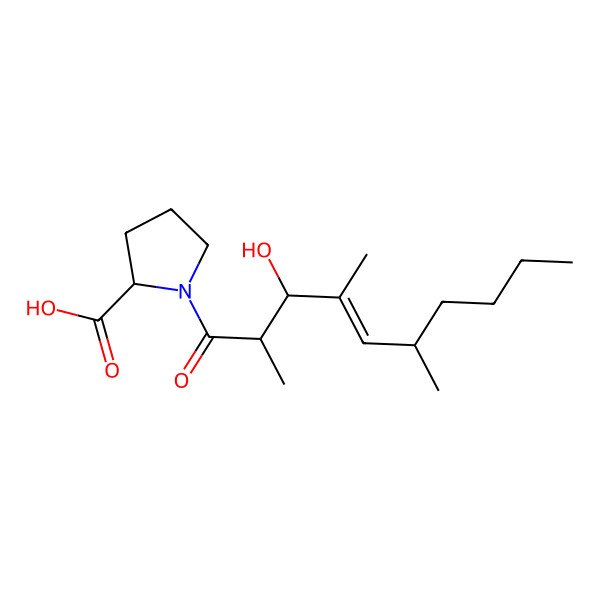 2D Structure of 1-(3-Hydroxy-2,4,6-trimethyldec-4-enoyl)pyrrolidine-2-carboxylic acid