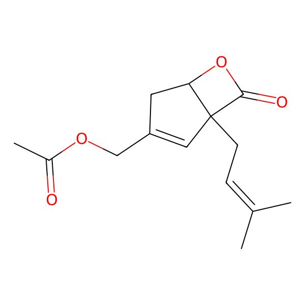 2D Structure of [1-(3-Methylbut-2-enyl)-7-oxo-6-oxabicyclo[3.2.0]hept-2-en-3-yl]methyl acetate