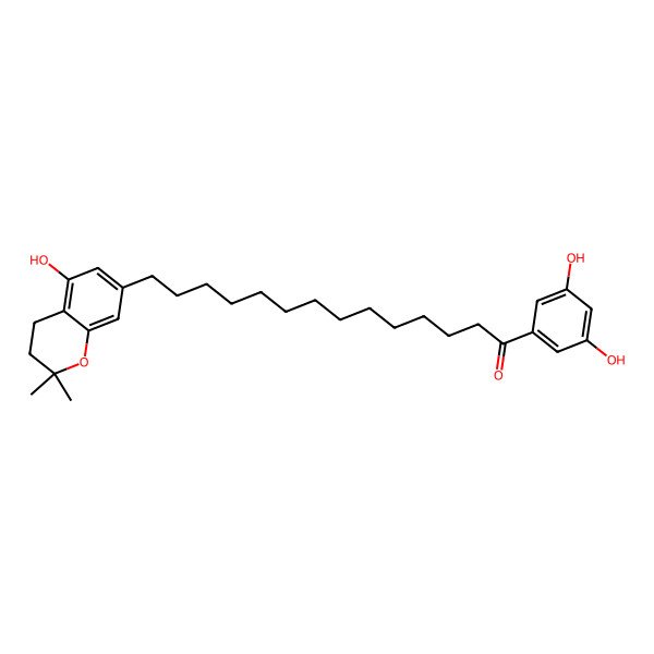2D Structure of 1-(3,5-Dihydroxyphenyl)-14-(5-hydroxy-2,2-dimethyl-3,4-dihydrochromen-7-yl)tetradecan-1-one 2D Structure of 1-(3,5-Dihydroxyphenyl)-14-(5-hydroxy-2,2-dimethyl-3,4-dihydrochromen-7-yl)tetradecan-1-one