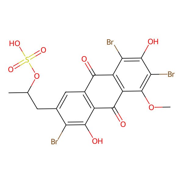 2D Structure of 1-(3,6,8-Tribromo-4,7-dihydroxy-5-methoxy-9,10-dioxoanthracen-2-yl)propan-2-yl hydrogen sulfate