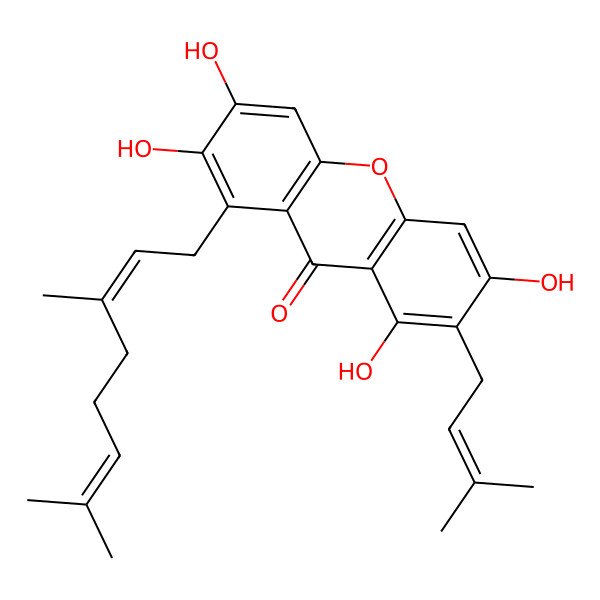 2D Structure of 1-(3,7-Dimethylocta-2,6-dienyl)-2,3,6,8-tetrahydroxy-7-(3-methylbut-2-enyl)xanthen-9-one