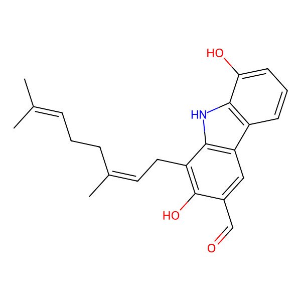 2D Structure of 1-(3,7-dimethylocta-2,6-dienyl)-2,8-dihydroxy-9H-carbazole-3-carbaldehyde