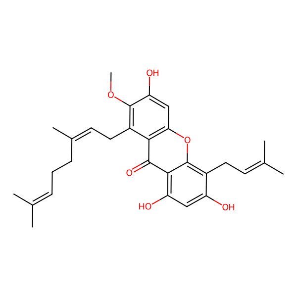 2D Structure of 1-(3,7-Dimethylocta-2,6-dienyl)-3,6,8-trihydroxy-2-methoxy-5-(3-methylbut-2-enyl)xanthen-9-one