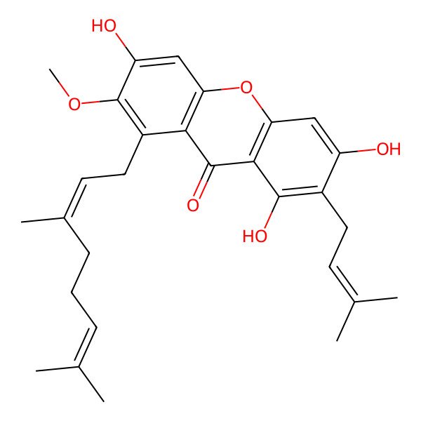 2D Structure of 1-(3,7-Dimethylocta-2,6-dienyl)-3,6,8-trihydroxy-2-methoxy-7-(3-methylbut-2-enyl)xanthen-9-one