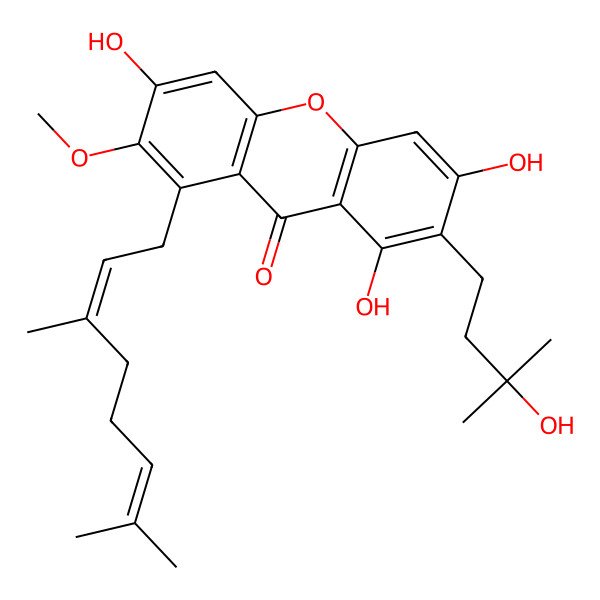 2D Structure of 1-(3,7-Dimethylocta-2,6-dienyl)-3,6,8-trihydroxy-7-(3-hydroxy-3-methylbutyl)-2-methoxyxanthen-9-one