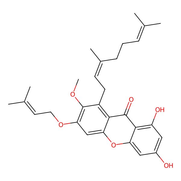 2D Structure of 1-(3,7-Dimethylocta-2,6-dienyl)-6,8-dihydroxy-2-methoxy-3-(3-methylbut-2-enoxy)xanthen-9-one 2D Structure of 1-(3,7-Dimethylocta-2,6-dienyl)-6,8-dihydroxy-2-methoxy-3-(3-methylbut-2-enoxy)xanthen-9-one