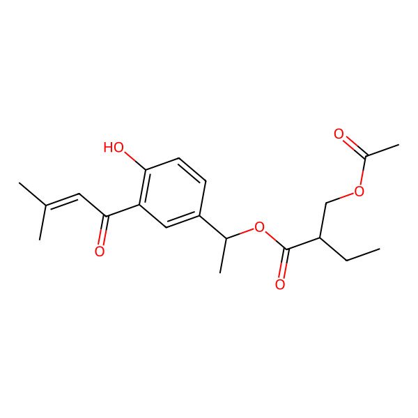 2D Structure of 1-[4-Hydroxy-3-(3-methylbut-2-enoyl)phenyl]ethyl 2-(acetyloxymethyl)butanoate