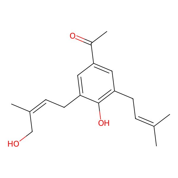 2D Structure of 1-[4-hydroxy-3-[(E)-4-hydroxy-3-methylbut-2-enyl]-5-(3-methylbut-2-enyl)phenyl]ethanone