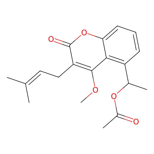2D Structure of 1-[4-Methoxy-3-(3-methylbut-2-enyl)-2-oxochromen-5-yl]ethyl acetate