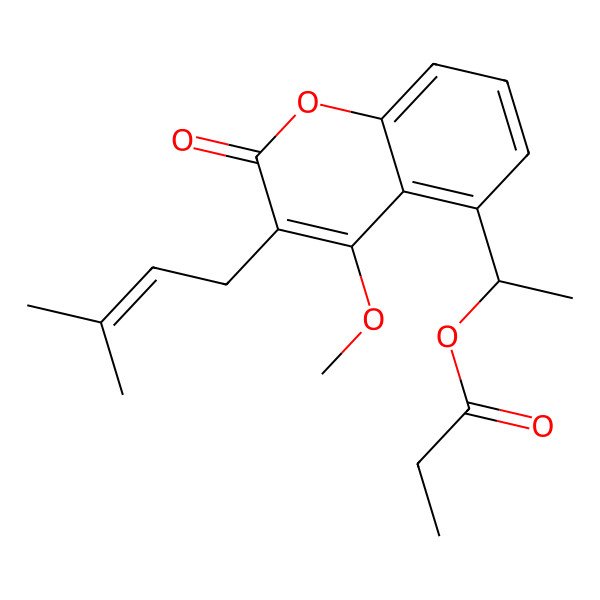 2D Structure of 1-[4-Methoxy-3-(3-methylbut-2-enyl)-2-oxochromen-5-yl]ethyl propanoate