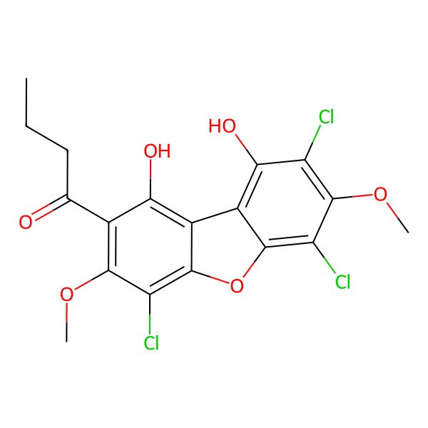 2D Structure of 1-(4,6,8-Trichloro-1,9-dihydroxy-3,7-dimethoxydibenzofuran-2-yl)butan-1-one