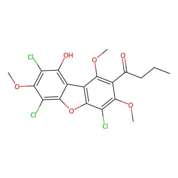 2D Structure of 1-(4,6,8-Trichloro-9-hydroxy-1,3,7-trimethoxydibenzofuran-2-yl)butan-1-one