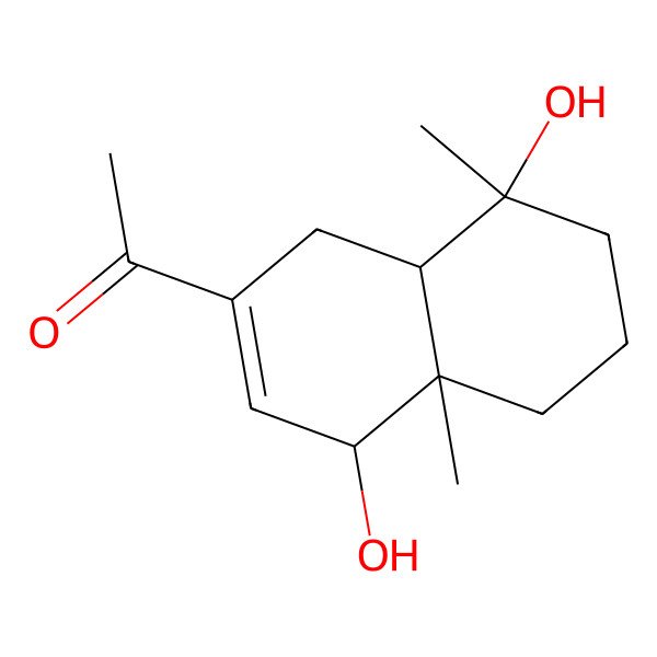 2D Structure of 1-(4,8-Dihydroxy-4a,8-dimethyl-1,4,5,6,7,8a-hexahydronaphthalen-2-yl)ethanone