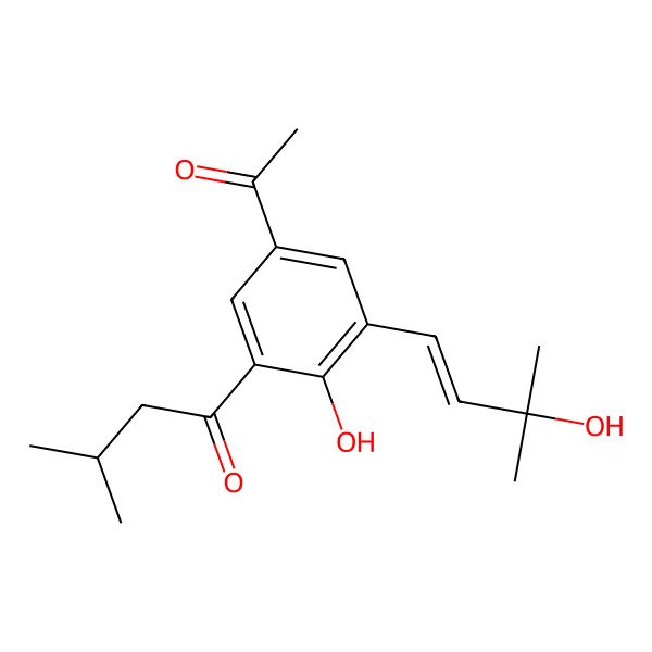 2D Structure of 1-[5-Acetyl-2-hydroxy-3-(3-hydroxy-3-methyl-1-butenyl)phenyl]-3-methyl-1-butanone