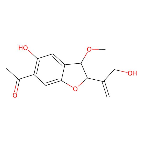 2D Structure of 1-[5-Hydroxy-2-(3-hydroxyprop-1-en-2-yl)-3-methoxy-2,3-dihydro-1-benzofuran-6-yl]ethanone