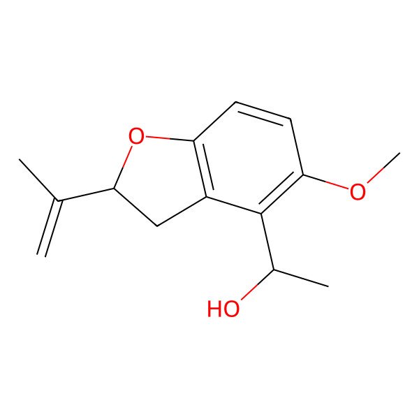 2D Structure of 1-(5-Methoxy-2-prop-1-en-2-yl-2,3-dihydro-1-benzofuran-4-yl)ethanol