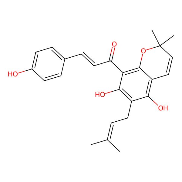 2D Structure of 1-[5,7-Dihydroxy-2,2-dimethyl-6-(3-methylbut-2-enyl)chromen-8-yl]-3-(4-hydroxyphenyl)prop-2-en-1-one